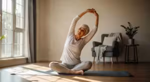 A senior woman in comfortable clothes smiles as she does a standing side-stretch on a yoga mat in her bright, sunlit living room.