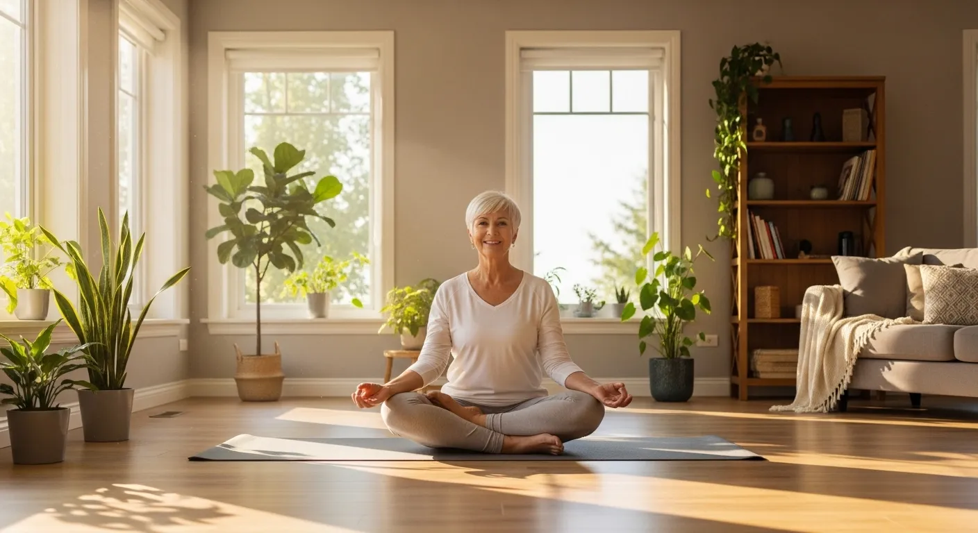 A senior woman in comfortable clothes smiles while doing a gentle yoga stretch in a bright, sunlit living room.