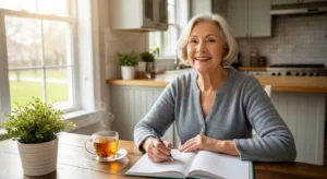 A smiling senior woman sits in a bright kitchen with a health journal, looking happy and in control of her well-being.
