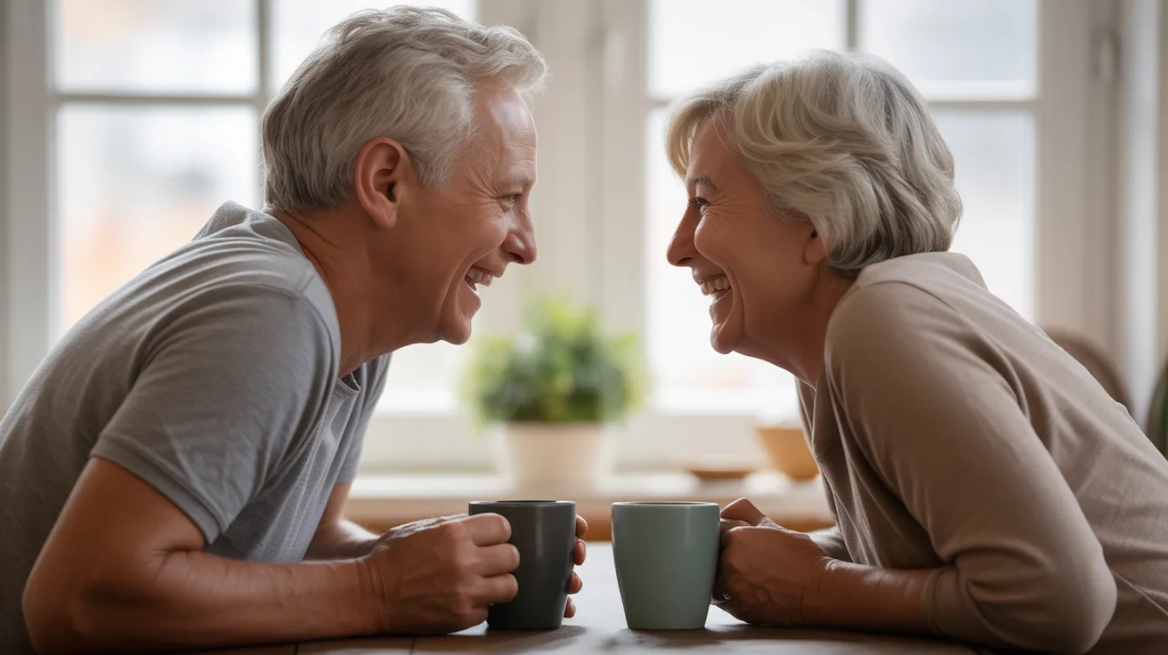 An older man and woman sit at a kitchen table, laughing together with coffee mugs in their hands, illuminated by soft window light.
