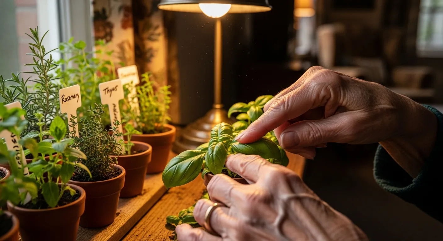 A close-up of a senior's hands gently touching the leaves of a small potted herb plant, illuminated by the warm light of a nearby lamp.