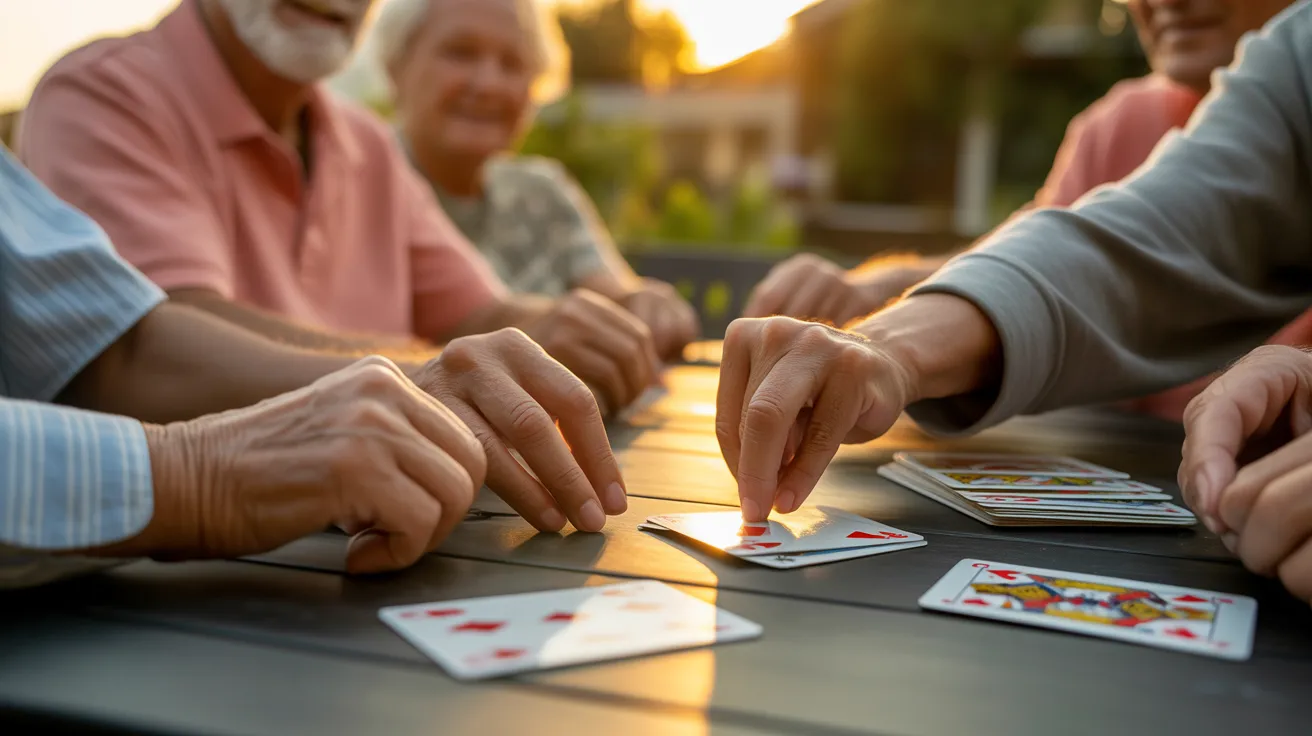 Close-up of several seniors' hands holding and playing cards on a wooden table outdoors, bathed in the warm light of the setting sun.