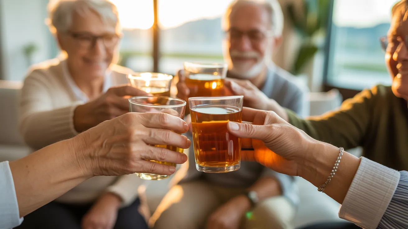 A close-up of older friends' hands raising glasses in a toast, illuminated by warm golden hour light from a window in a bright living room.