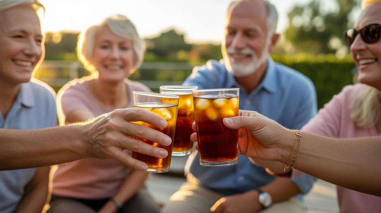 A close-up shot of several older friends' hands clinking glasses in a toast outdoors, with the warm light of sunset in the background.