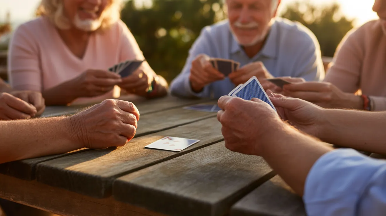 A close-up of several seniors' hands holding playing cards around a wooden table, bathed in the warm light of a golden sunset.