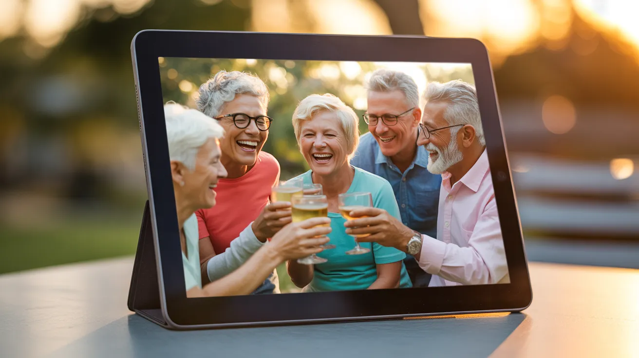 A close-up of a tablet on an outdoor table at sunset, the screen showing a happy group of older friends toasting.