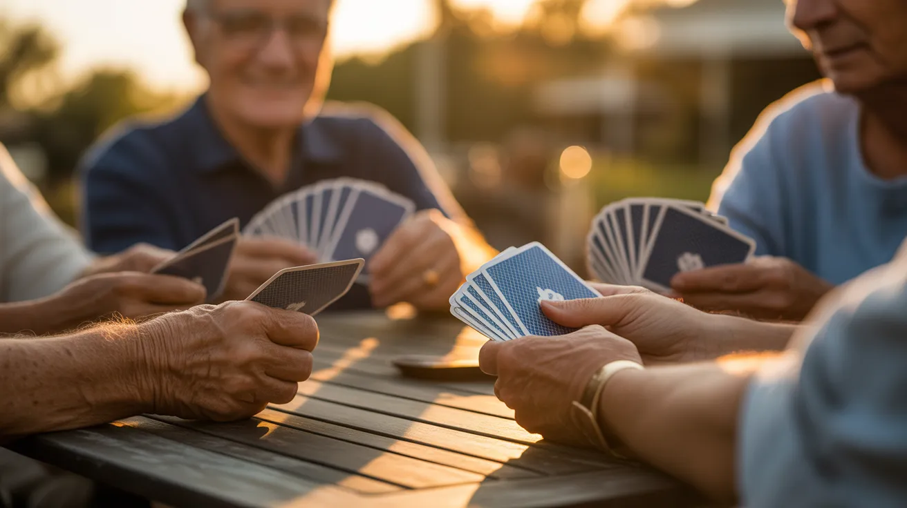 A close-up on the hands of older friends playing cards on a wooden table outdoors, with warm sunset light illuminating the happy scene.