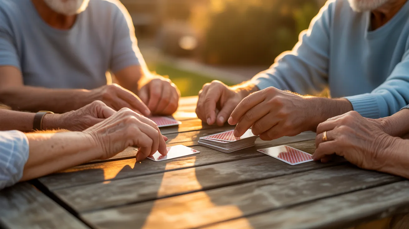 A close-up of several seniors' hands holding playing cards around a wooden table during a warm, golden sunset.