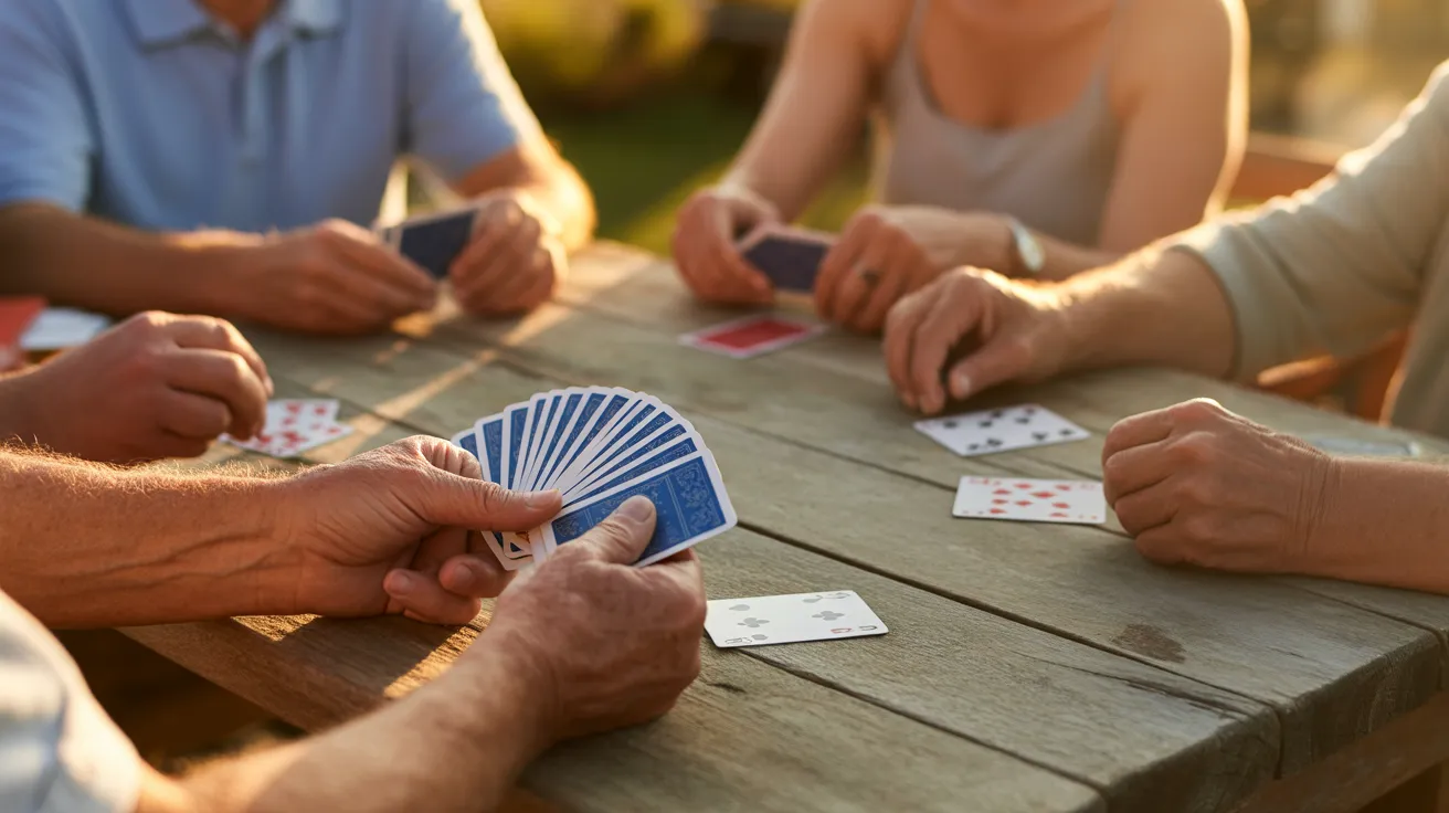 A close-up of a senior's hands holding playing cards over a game table outdoors, illuminated by the warm light of a setting sun.