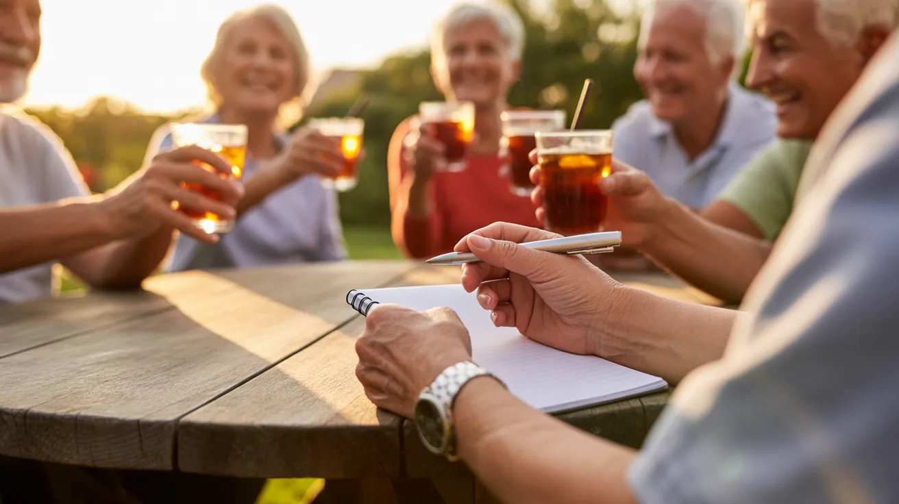 A close-up of a person's hands and a notepad on a patio table, with smiling friends toasting in the soft-focus background at sunset.