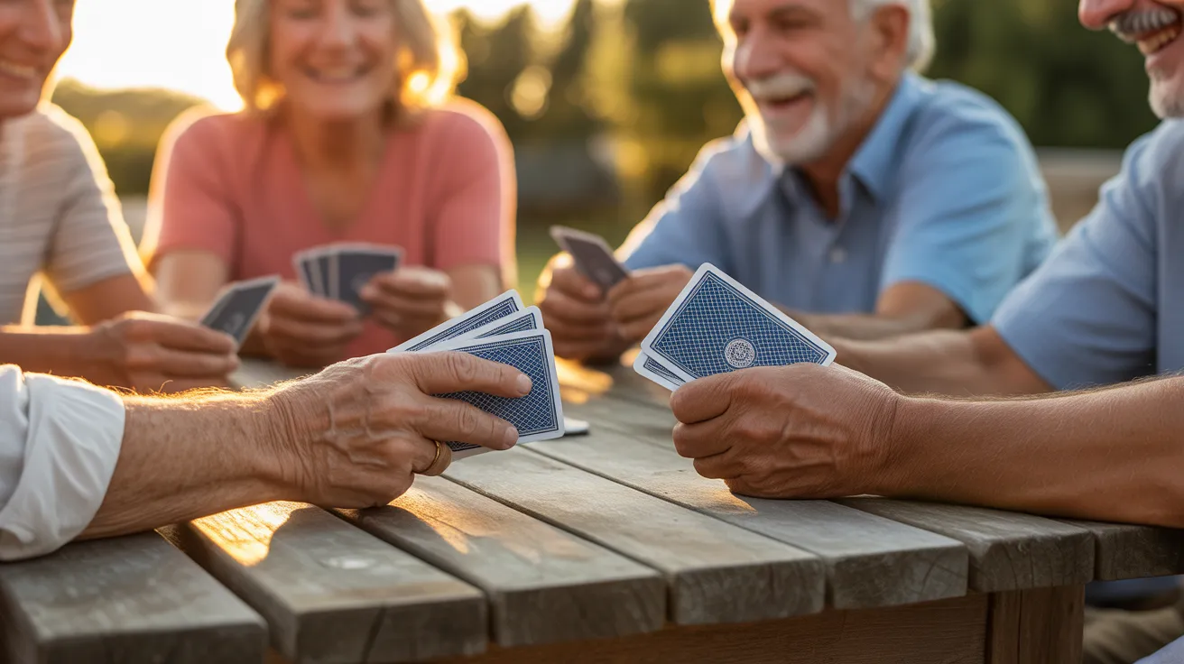 A close-up of two older people's hands playing a card game on a wooden table outside, with the warm light of sunset illuminating the scene.