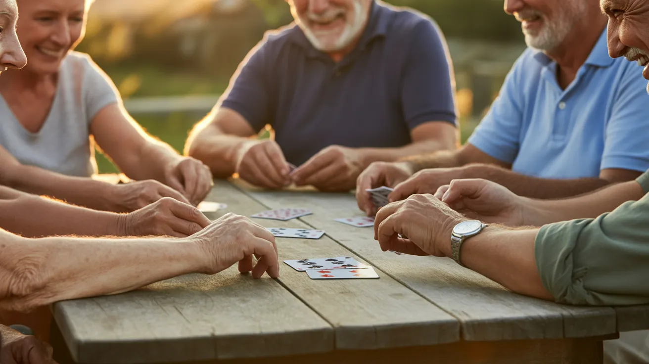 A close-up of several pairs of older hands holding playing cards around a wooden table, bathed in the warm light of the setting sun.