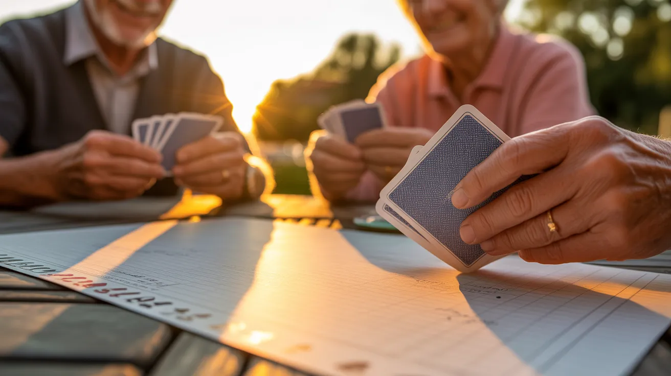 A close-up of a scorecard on a patio table, with the hands of seniors holding playing cards during a game at sunset.