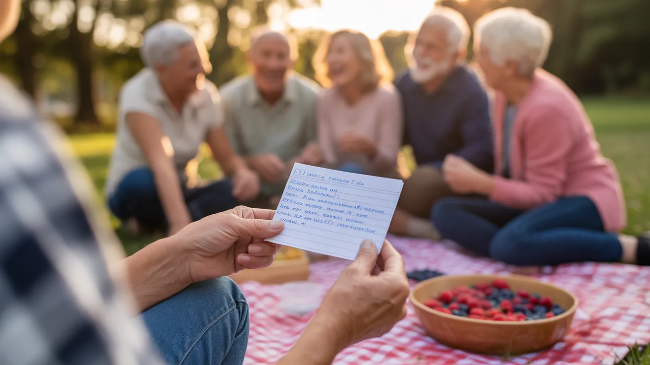 A close-up of a recipe card held by senior hands during a golden hour picnic, with friends and a bowl of berries blurred in the background.