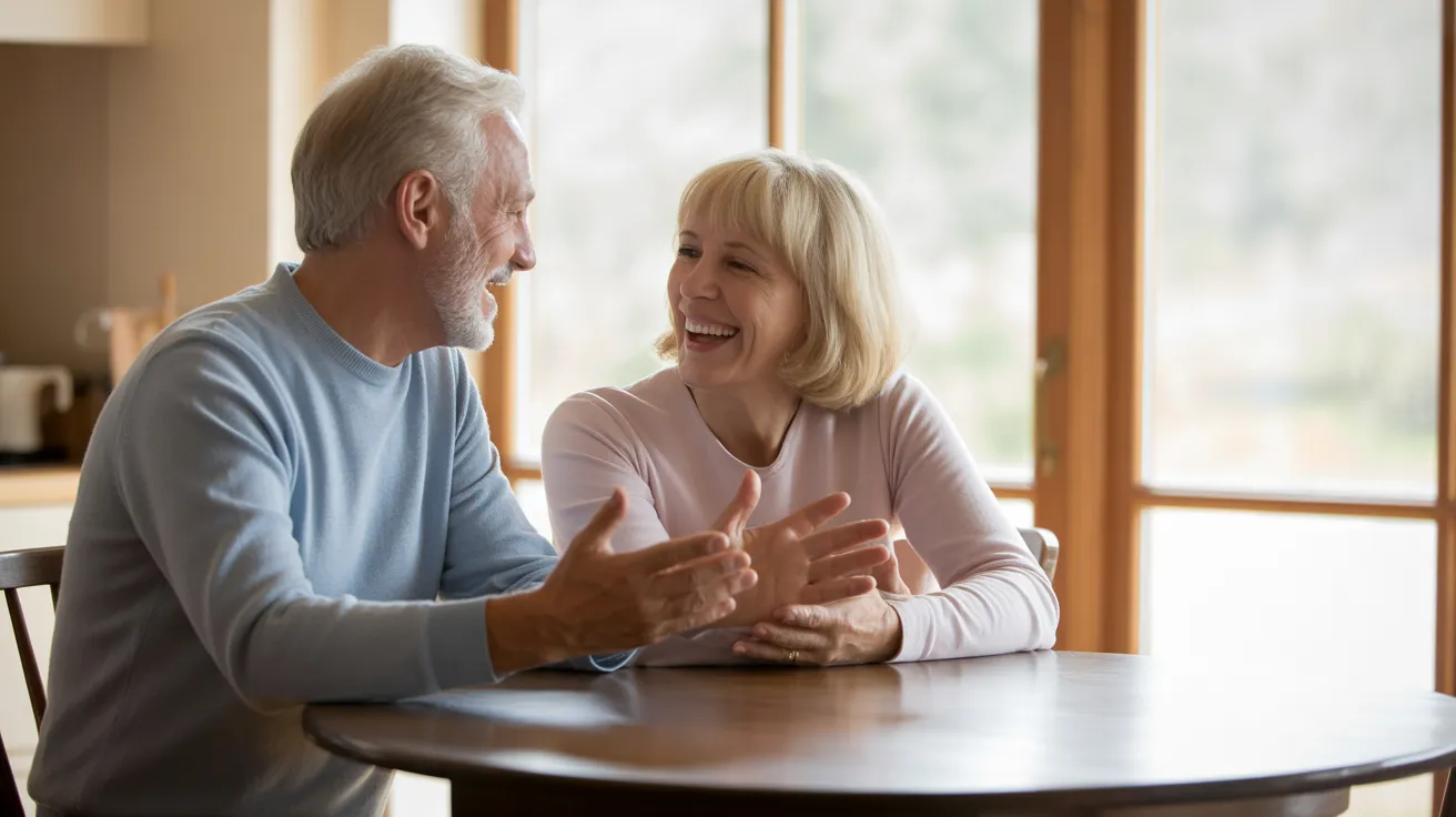 A senior man and woman sit opposite each other at a kitchen table with coffee, laughing together in a brightly lit, happy home environment.