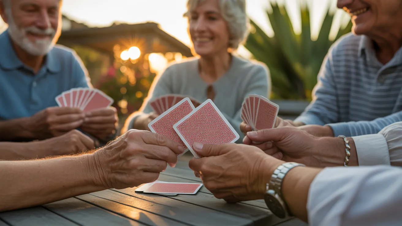 Close-up on the hands of several seniors holding playing cards over a wooden table, bathed in the warm light of a setting sun.