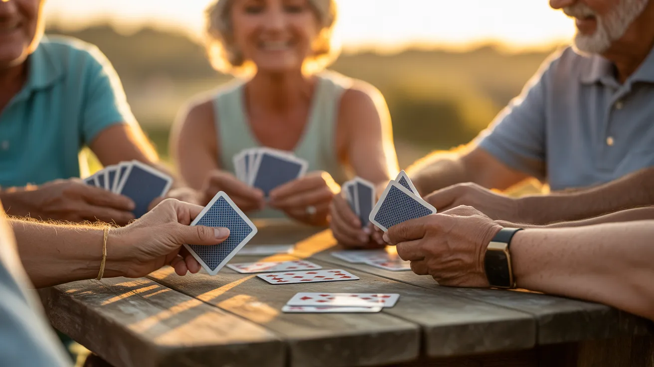A close-up shot of seniors' hands holding playing cards around a table outdoors, with warm golden light illuminating the scene.