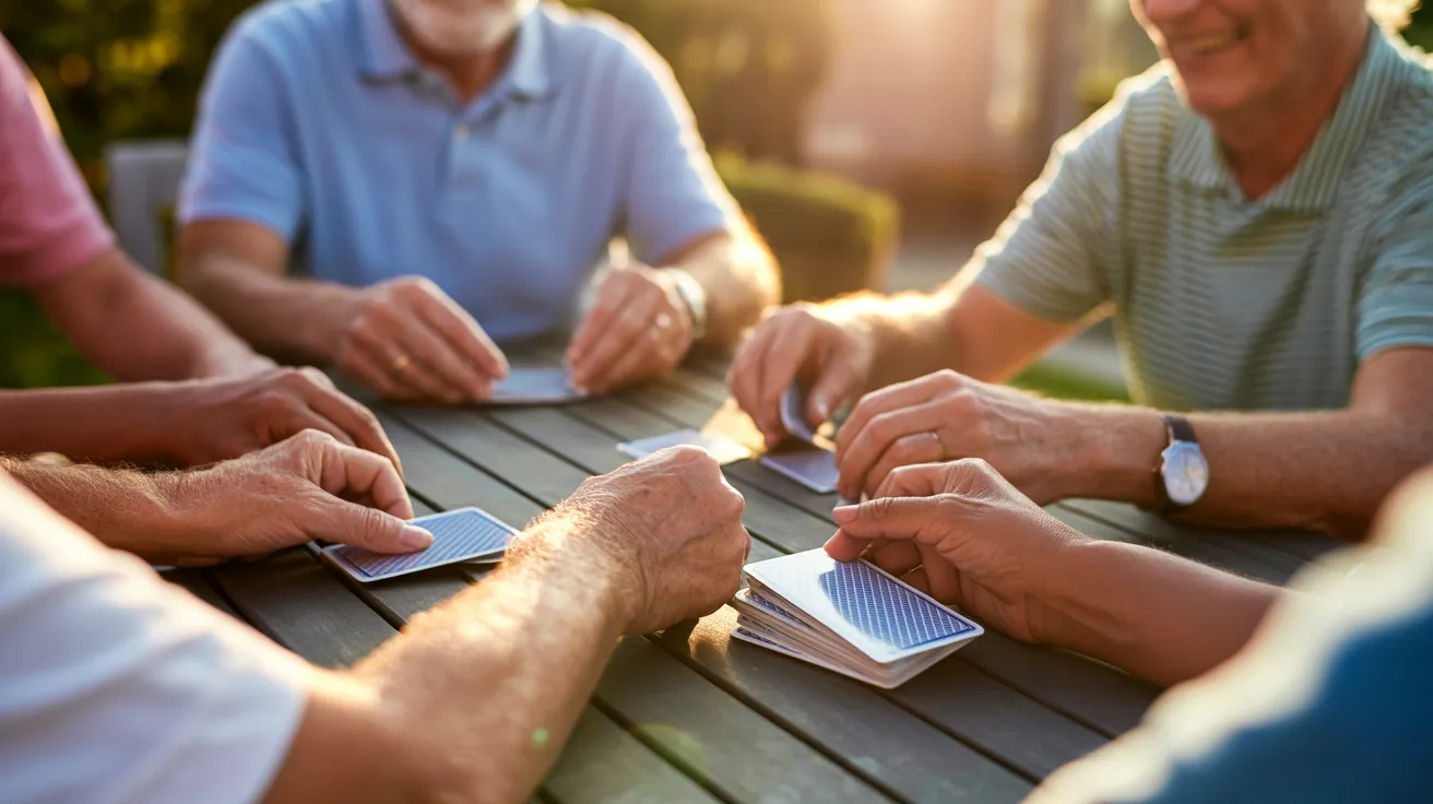 A close-up view of several older hands holding and playing cards on a wooden table outdoors during a warm, golden sunset.
