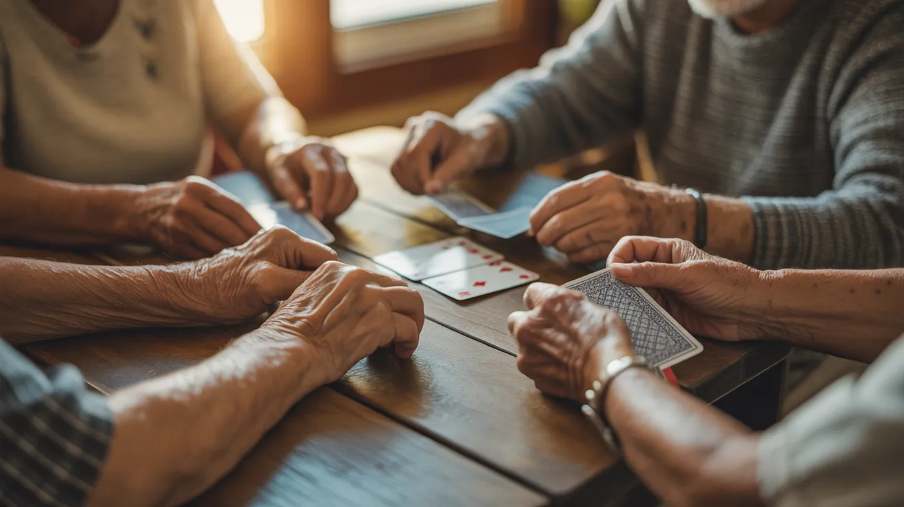 A close-up view of several seniors' hands holding playing cards over a sunlit wooden table during a friendly game.