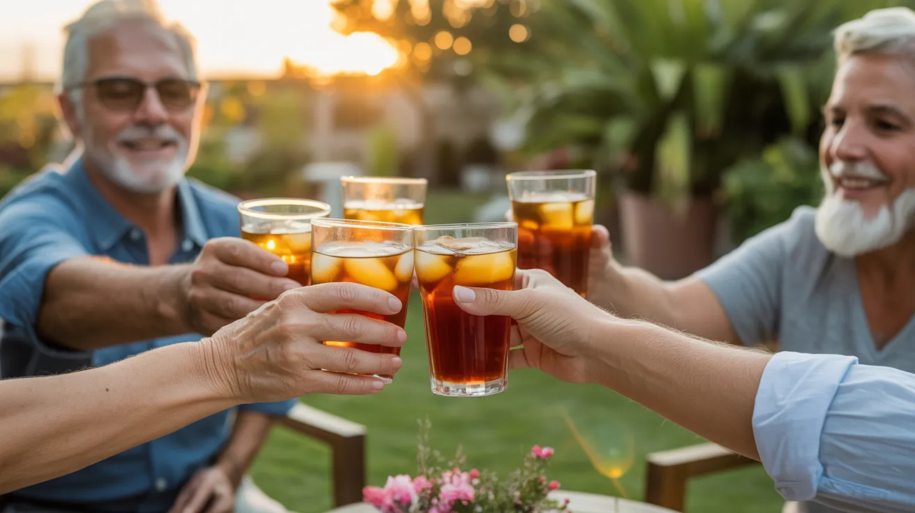 A close-up of several older hands holding glasses and toasting each other. The setting is an outdoor patio bathed in warm, golden sunset light.