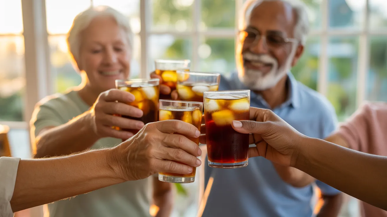 A close-up of several older hands of different skin tones clinking glasses together in a toast, illuminated by warm evening sunlight.