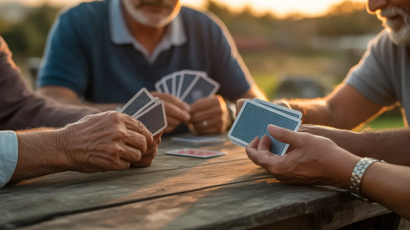 A close-up on the hands of three seniors holding and playing cards on an outdoor table during a warm sunset.