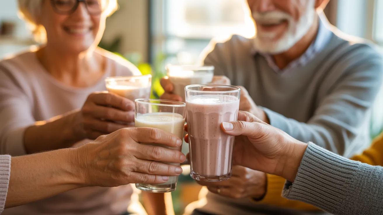 A close-up of several seniors' hands clinking glasses filled with creamy smoothies during golden hour, celebrating together in a sunlit room.