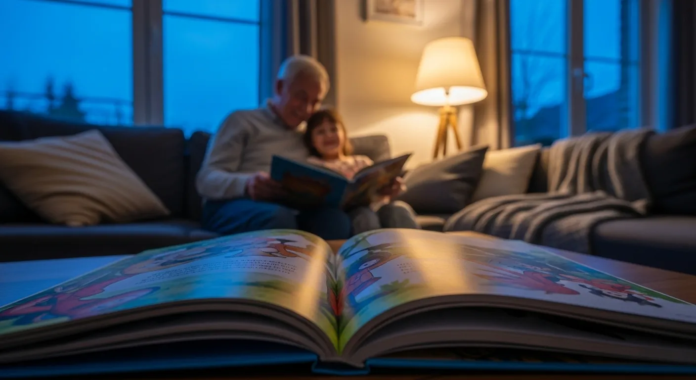 A close-up view of a children's book held by a grandparent and grandchild on a sofa at twilight, with their faces blurred in the background.