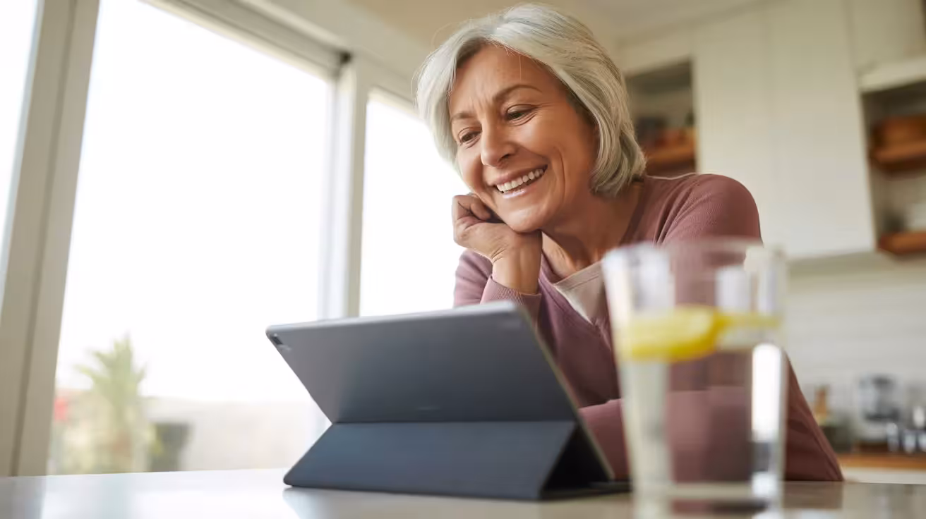A low angle view of a senior woman backlit by a window, smiling as she uses a tablet for a video call in her kitchen.