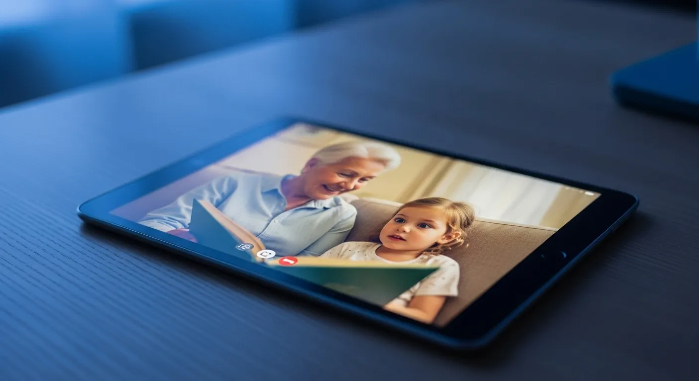 A close-up of a tablet screen at dusk, displaying a heartwarming video call between a grandparent and a grandchild reading a book together.