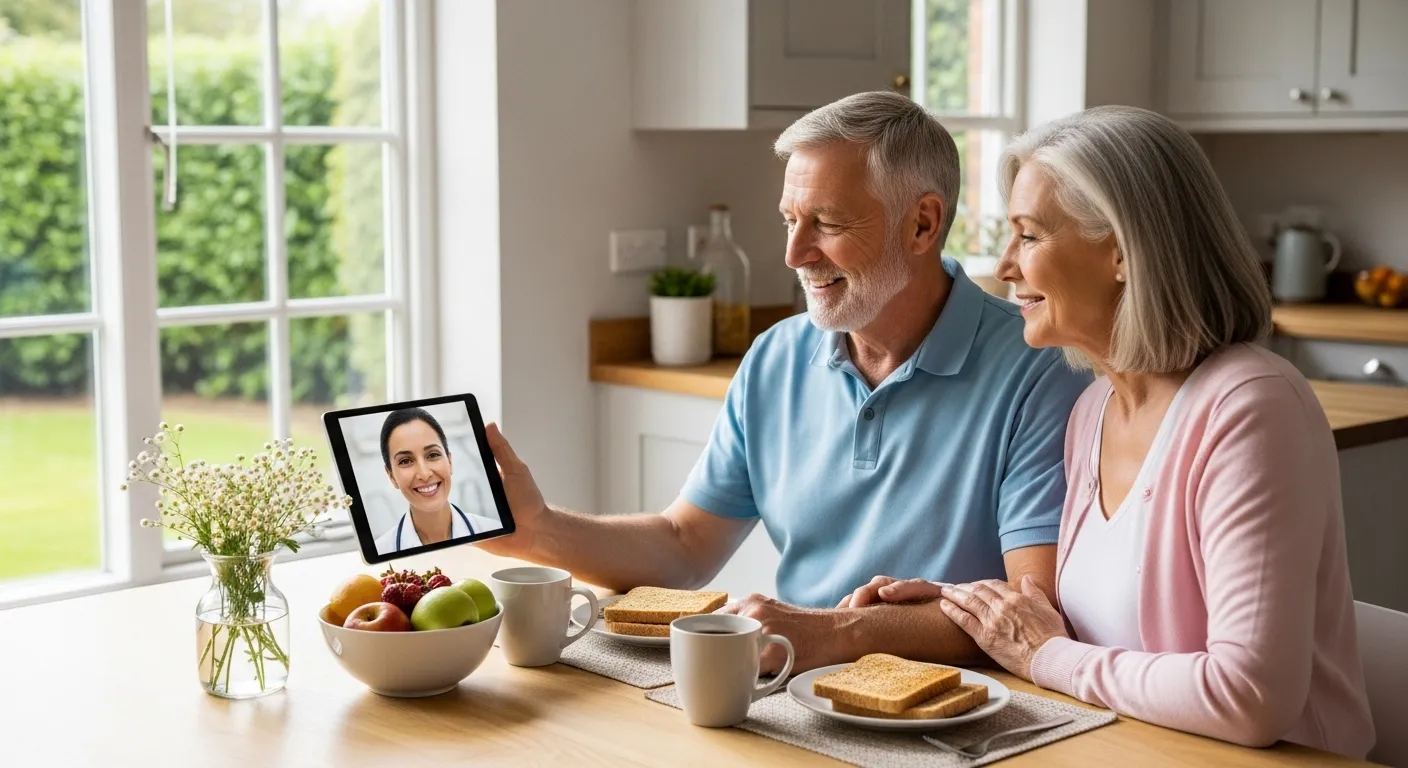A senior couple has a positive telehealth video call on a tablet during a healthy breakfast in their sunlit kitchen.