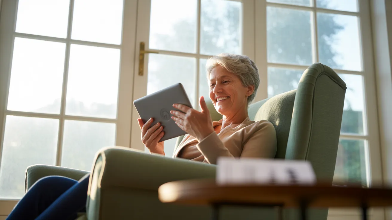 A senior woman sits in an armchair, backlit by a window, happily video chatting on a tablet. A medical-style document is out of focus in the foregroun