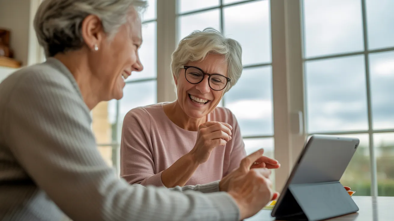 A senior woman smiles while on a telehealth call on a tablet, with her partner sitting supportively beside her in a bright kitchen.