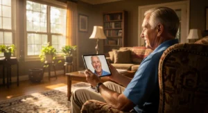 A senior man in a bright living room using a tablet for a telehealth appointment, his own happy face visible on the screen.
