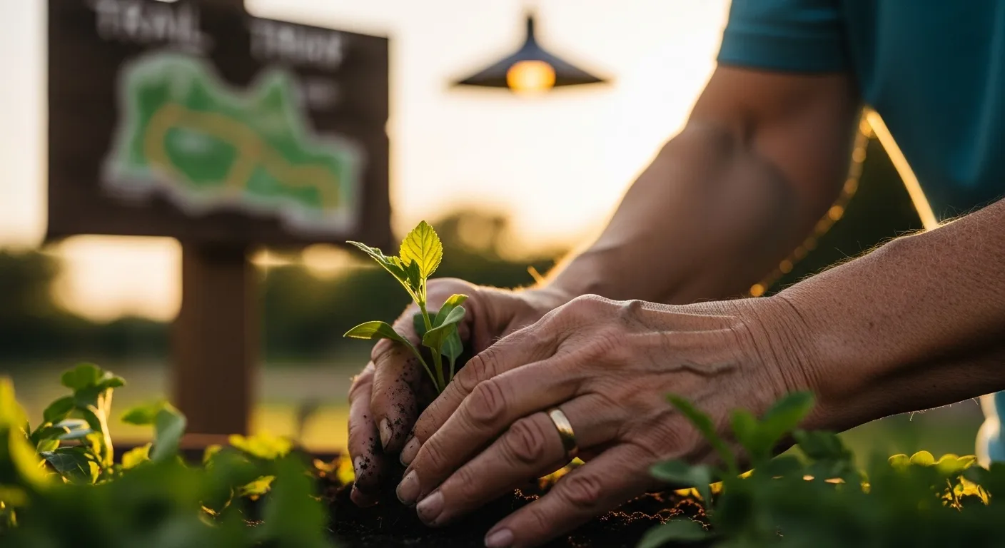 A close-up of a senior's hands gardening with care. A blurred trail map sign stands in the background, bathed in warm evening light.