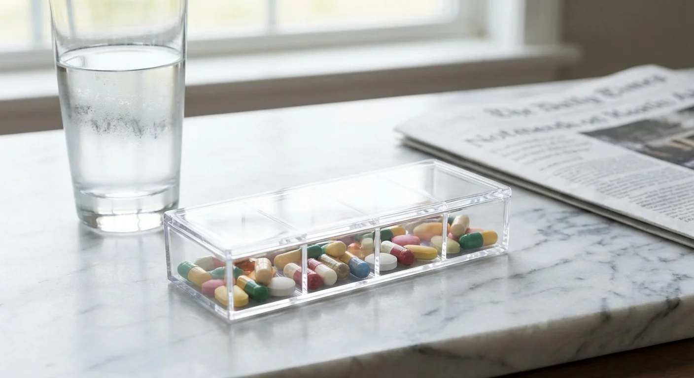 A modern pill organizer filled with colorful supplements and medication on a marble counter.