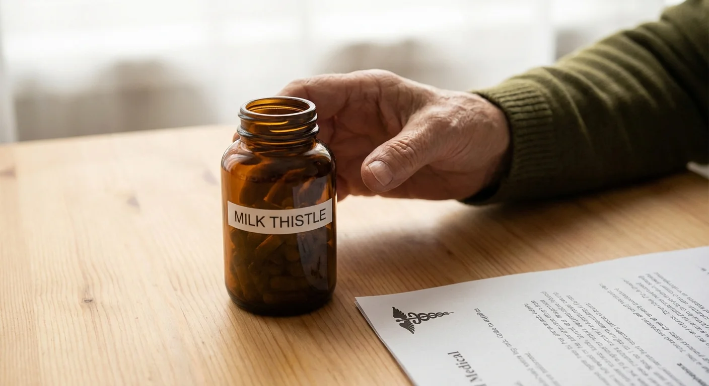 A senior's hand reaching for medical papers next to a bottle of Milk Thistle.