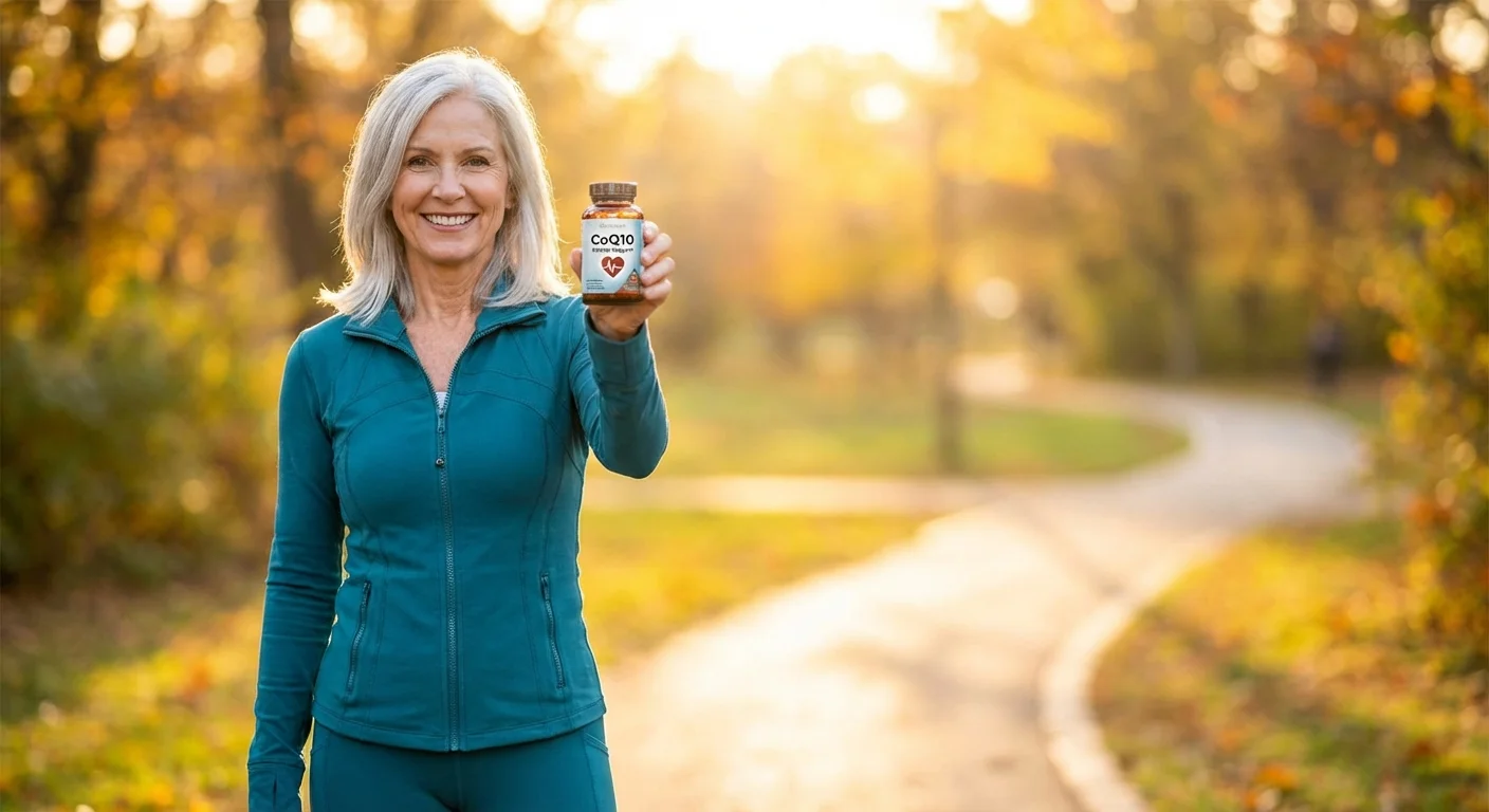 An active senior woman holding a CoQ10 supplement bottle in a sunny park.