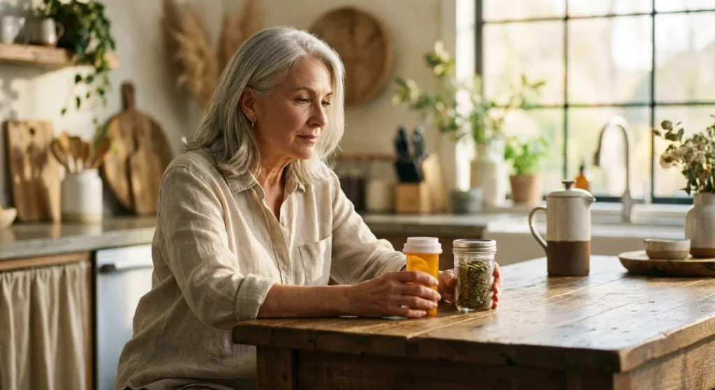 A senior woman thoughtfully comparing a prescription bottle and a supplement in a bright kitchen.