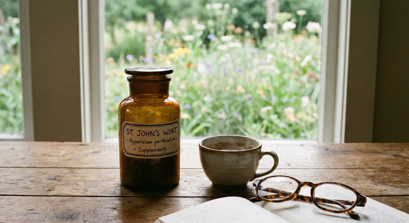 St. John's wort supplements and a cup of tea on a table overlooking a garden.