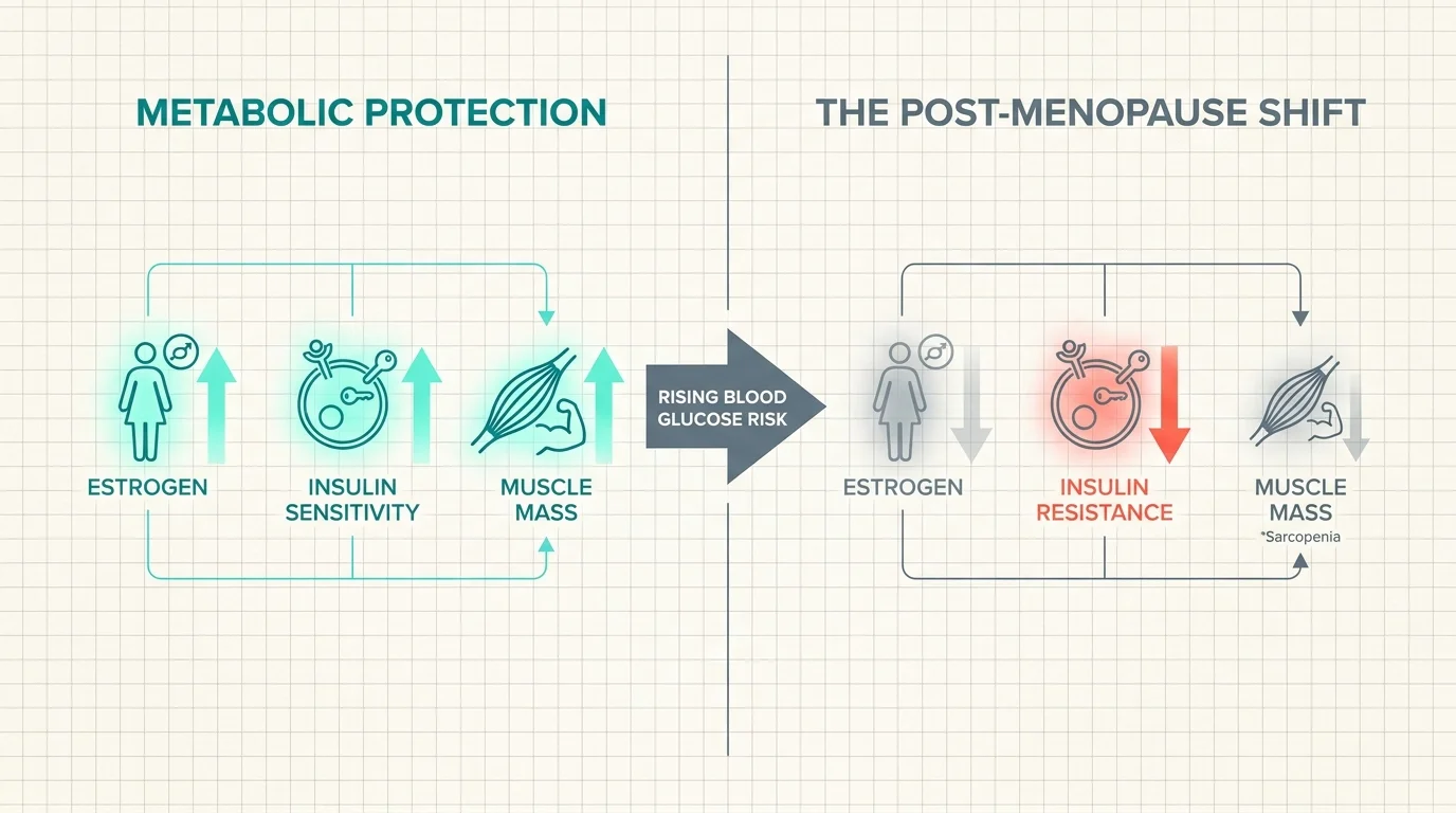 A clinical diagram showing how declining estrogen and muscle mass after menopause can lead to increased insulin resistance and blood sugar.