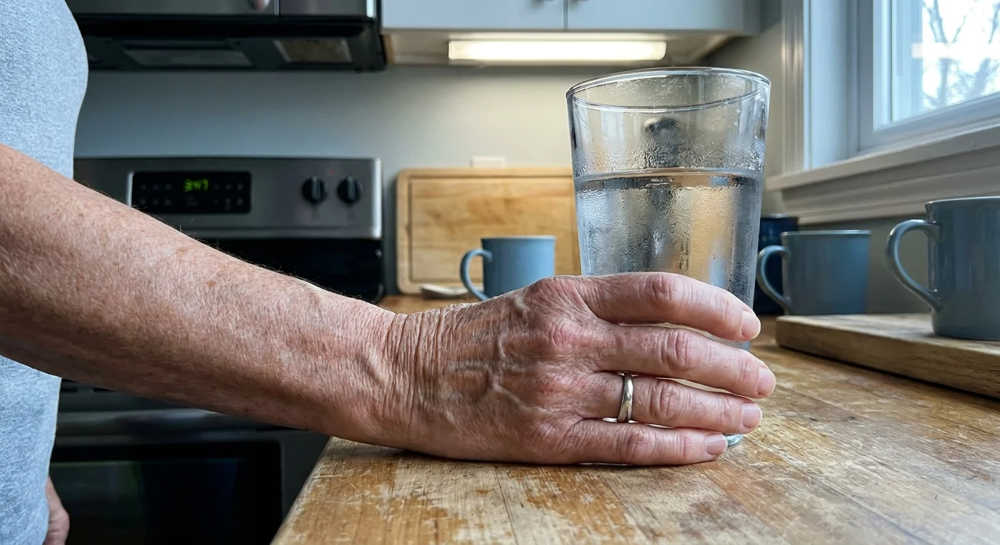 A close-up, candid photo of a woman's hand holding a glass of water, symbolizing the subtle sign of increased thirst.