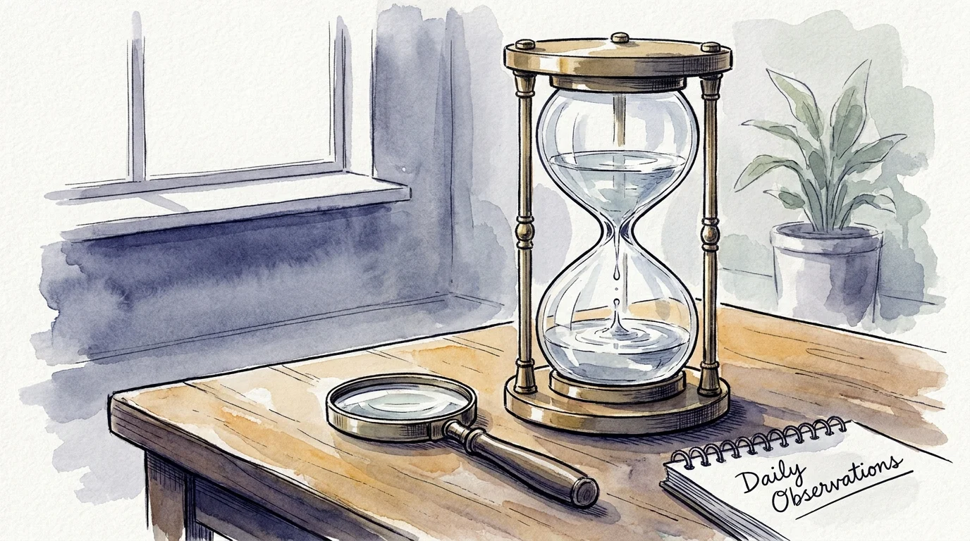 A conceptual watercolor illustration of a kidney-shaped hourglass and a magnifying glass, symbolizing the need to monitor early signs.
