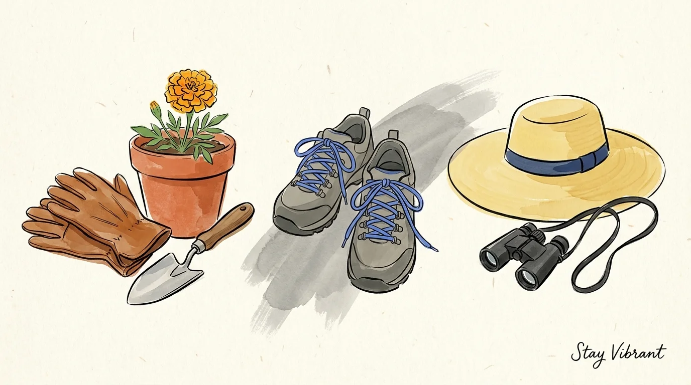 A gouache illustration of gardening tools, walking shoes, and a sun hat, representing an active lifestyle for women over 60.