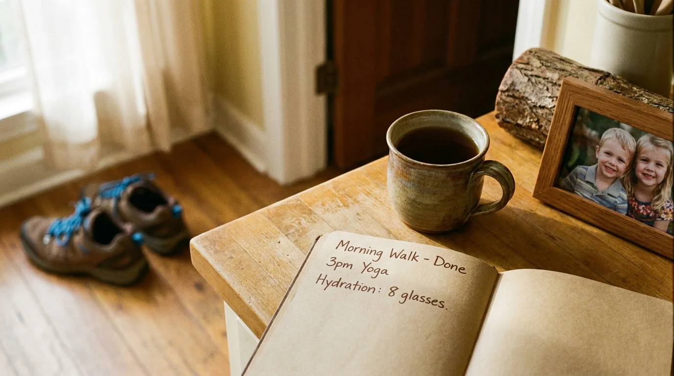 A handwritten daily health log and a cup of tea on a kitchen counter, showing a plan for exercise and hydration.