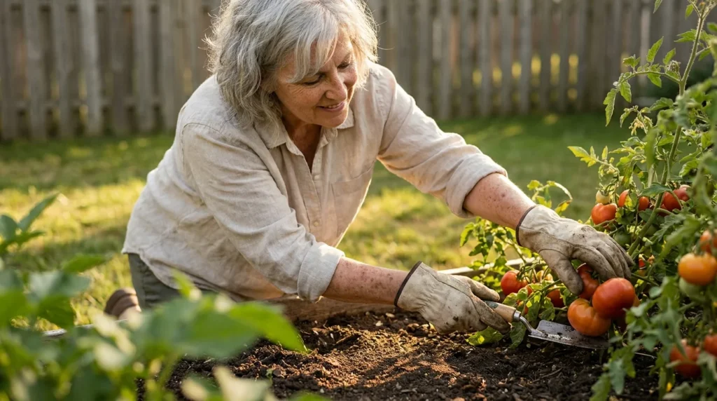 A healthy senior woman with silver hair gardening in her sunny backyard, representing vitality and kidney health.