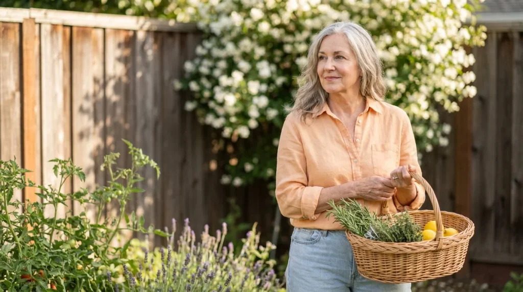 A healthy woman in her late 60s standing in a sunlit garden with a basket of herbs, looking revitalized and active.