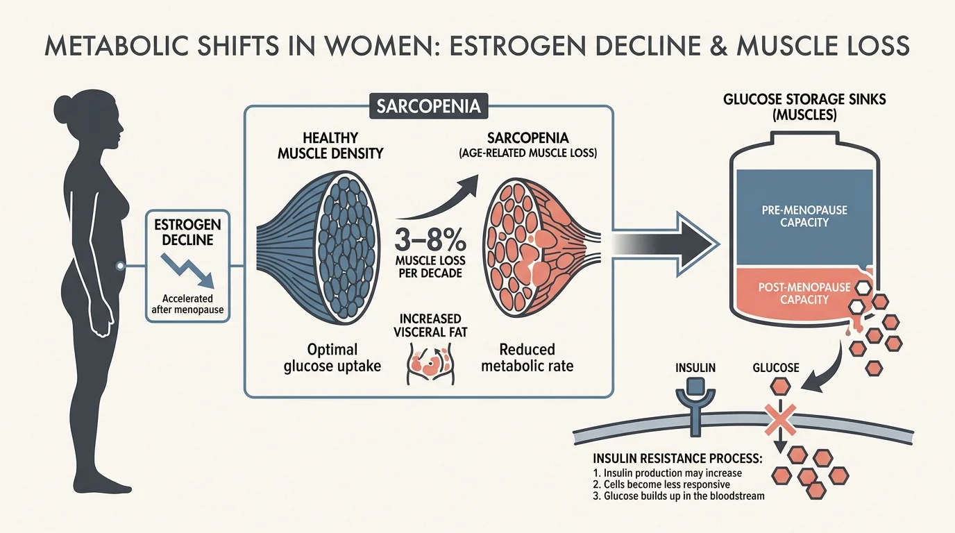 A medical diagram showing how estrogen decline and muscle loss contribute to insulin resistance in aging women.