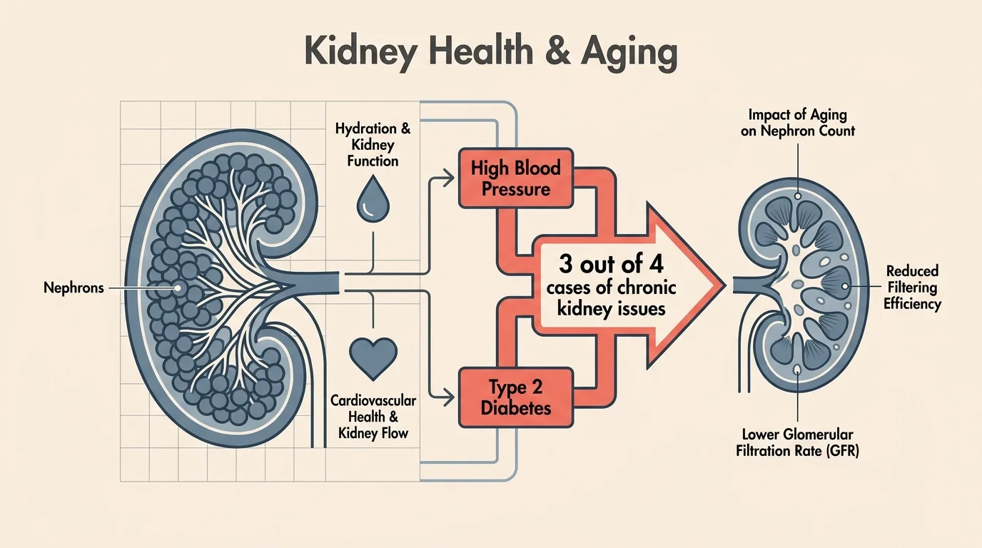 A medical diagram showing the relationship between aging, high blood pressure, diabetes, and the decline of kidney filtering units.