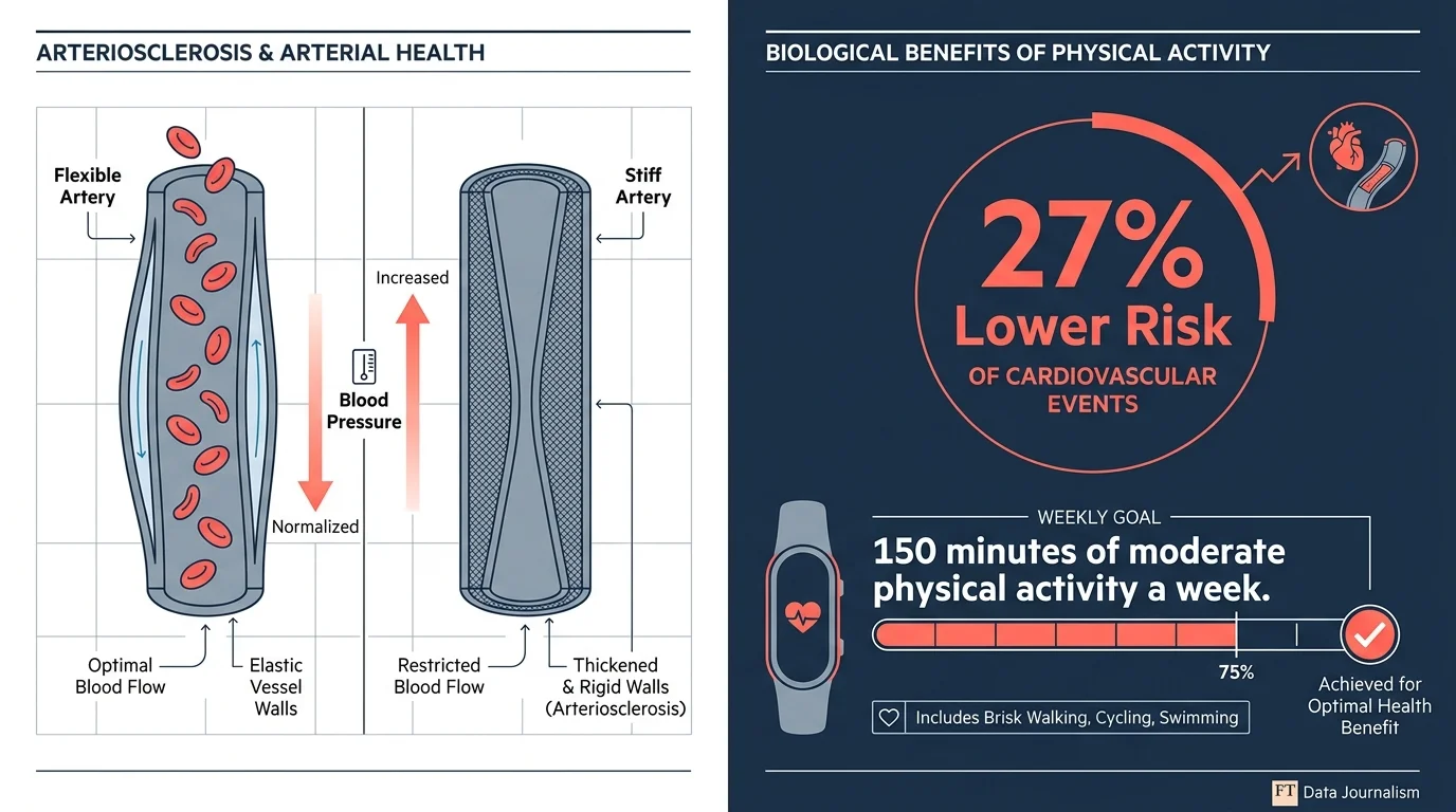 A medical infographic showing how 150 minutes of weekly exercise can reduce stroke risk by 27% by improving artery health.